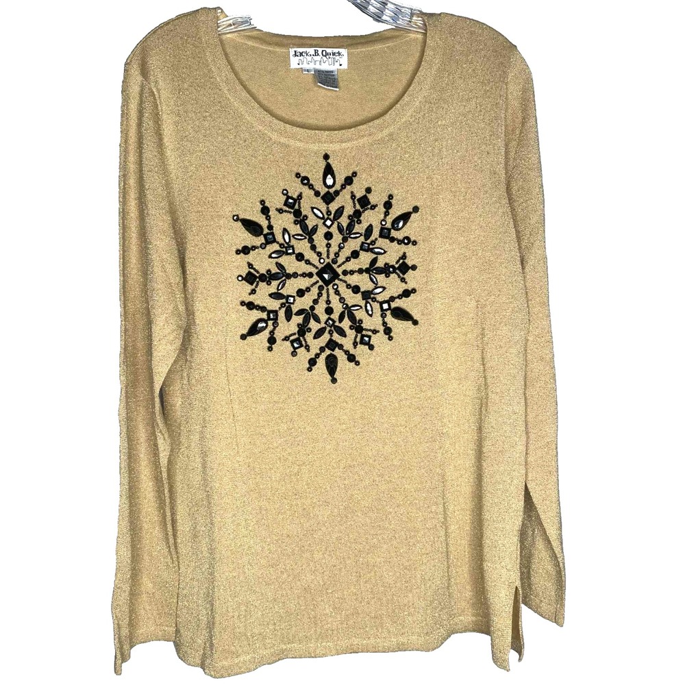 Jack B‎ Quick Women's Blouse Size Large Beaded snowflake gold metallic Christmas